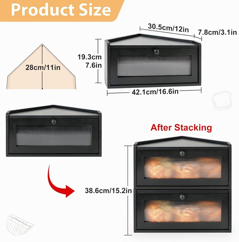 Sunhoo Bread Box for Kitchen Countertop Wooden Corner Breadbox Counter Food Storage Bin Container Farmhouse Rustic Homemade Bread Fresh Keeper Organizer Holder Vintage Stackable with Window (Black) - Image 4
